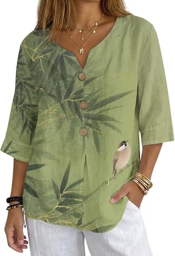 Xoenoiee Womens 3/4 Sleeve Linen Shirts Button Down Linen Blouse for Women Summer Tops Breathable Tunic Shirt
