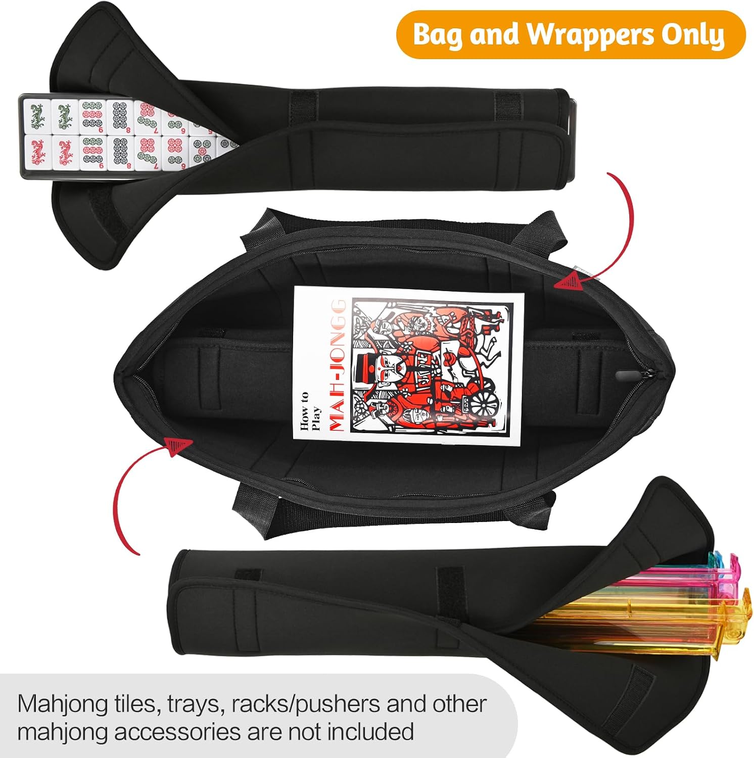 Mahjong Bag Neoprene Mahjong Tile Bag with Two Wrappers (Case Only), not Include Mahjong Accessories Mahjong Tote Bag for Women or Men Black