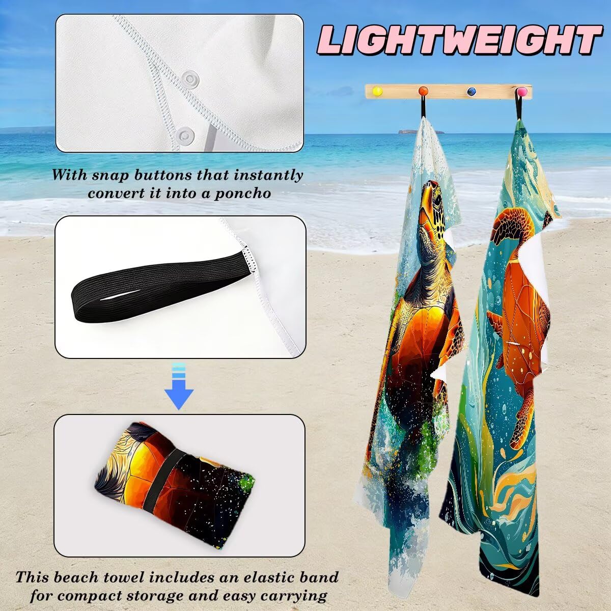 Ręcznik plażowy XXL, 100 x 220 cm, zestaw 2 sztuk, z mikrofibry, żółw, szybkoschnący, do sauny, fitness, bez piasku, ręcznik plażowy, do sauny, duży na prezenty -4501