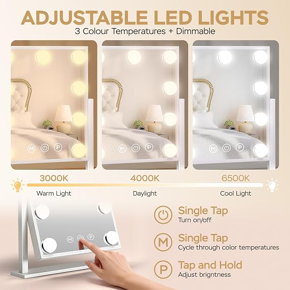 Hollywood Vanity Mirror with Lights: 30x25cm Makeup Mirror with 9 Dimmable LED Bulbs for Dressing Room & Bedroom, 360° Rotation, 3 Color Lighting Modes, Touch Control, Gift for Women and Girls