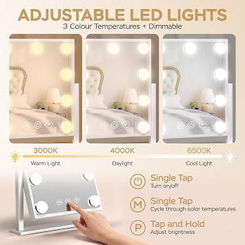 Hollywood Vanity Mirror with Lights: 30x25cm Makeup Mirror with 9 Dimmable LED Bulbs for Dressing Room & Bedroom, 360° Rotation, 3 Color Lighting Modes, Touch Control, Gift for Women and Girls