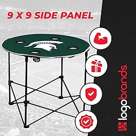 Logo Brands NCAA Michigan State Spartans Round Tailgating Table - Portable with Foldable Legs, 4 Cup Holders, Powder-Coated Steel, and 27.6 Surface Diameter, Team Color