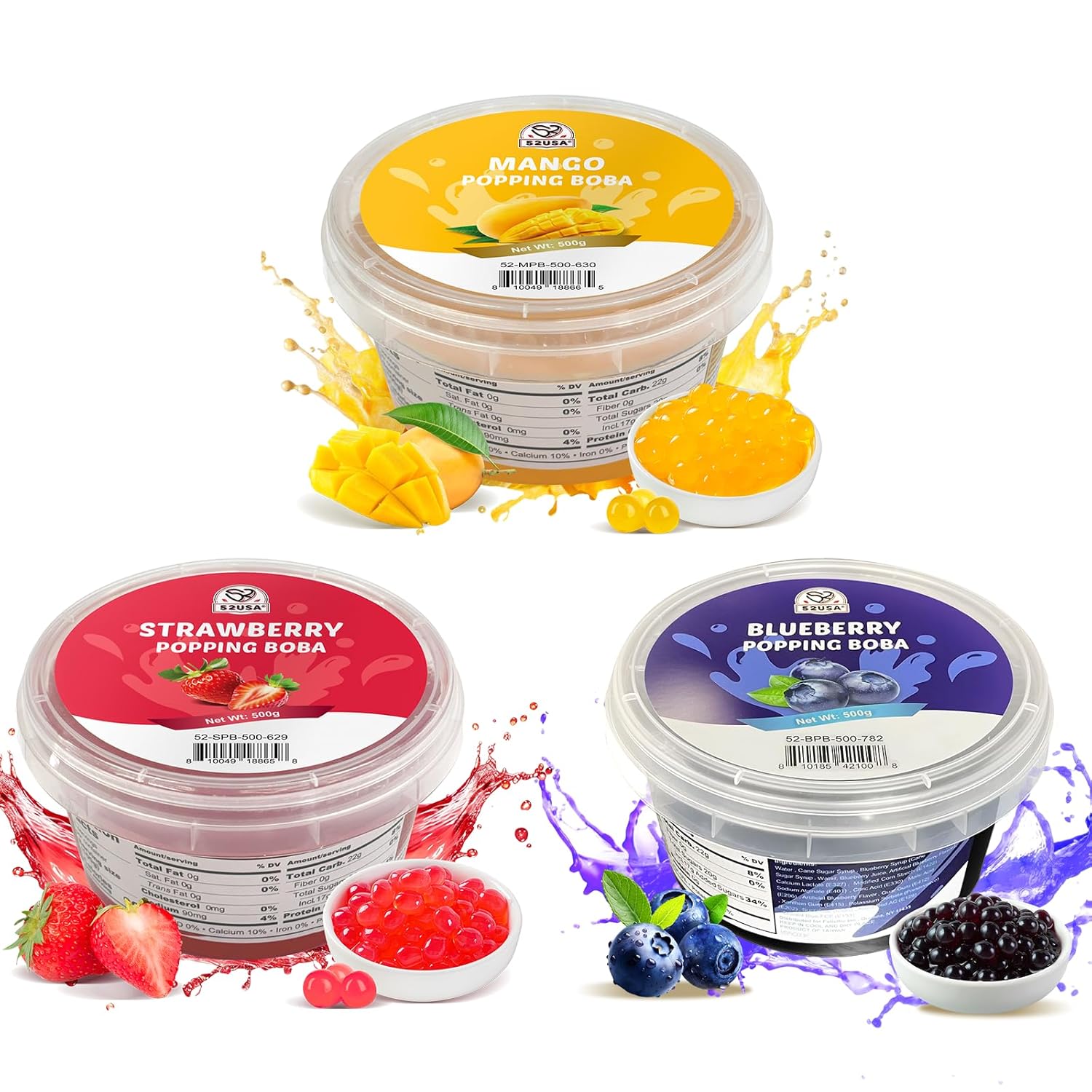 52USA Strawberry, Mango, Blueberry Popping Boba Pearls (3 Pack), Perfect for Bubble Tea, Boba Kit, Smoothies, Ice Cream, Desserts, Beverages 3.3 lb