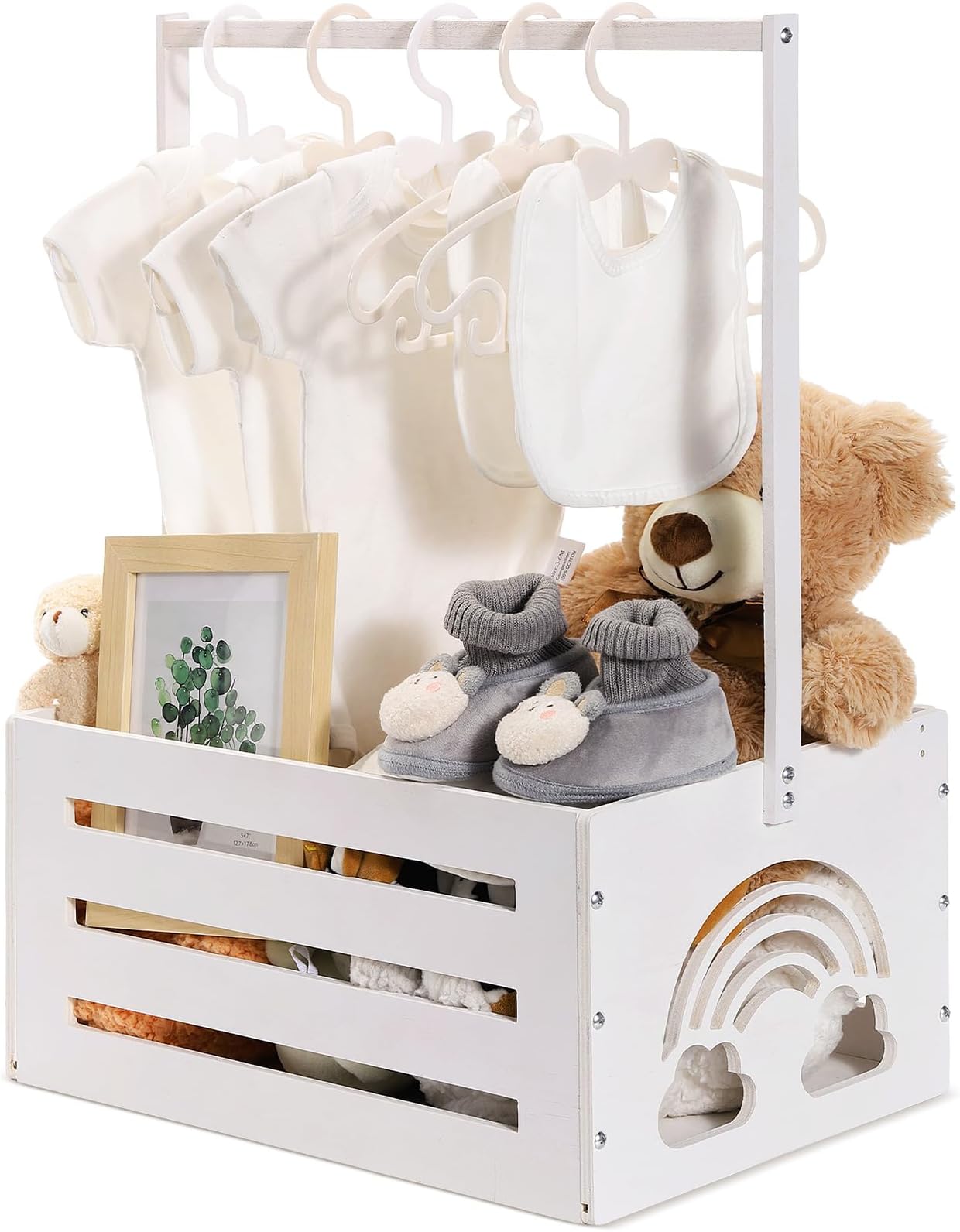 Wooden Baby Shower Crate Closet Baby Shower Gifts Basket Storage Crate Hamper with Handle Personalized Basket for Newborn Boys Girls Pregnancy Gifts(White,Cloudy, Rainbow)