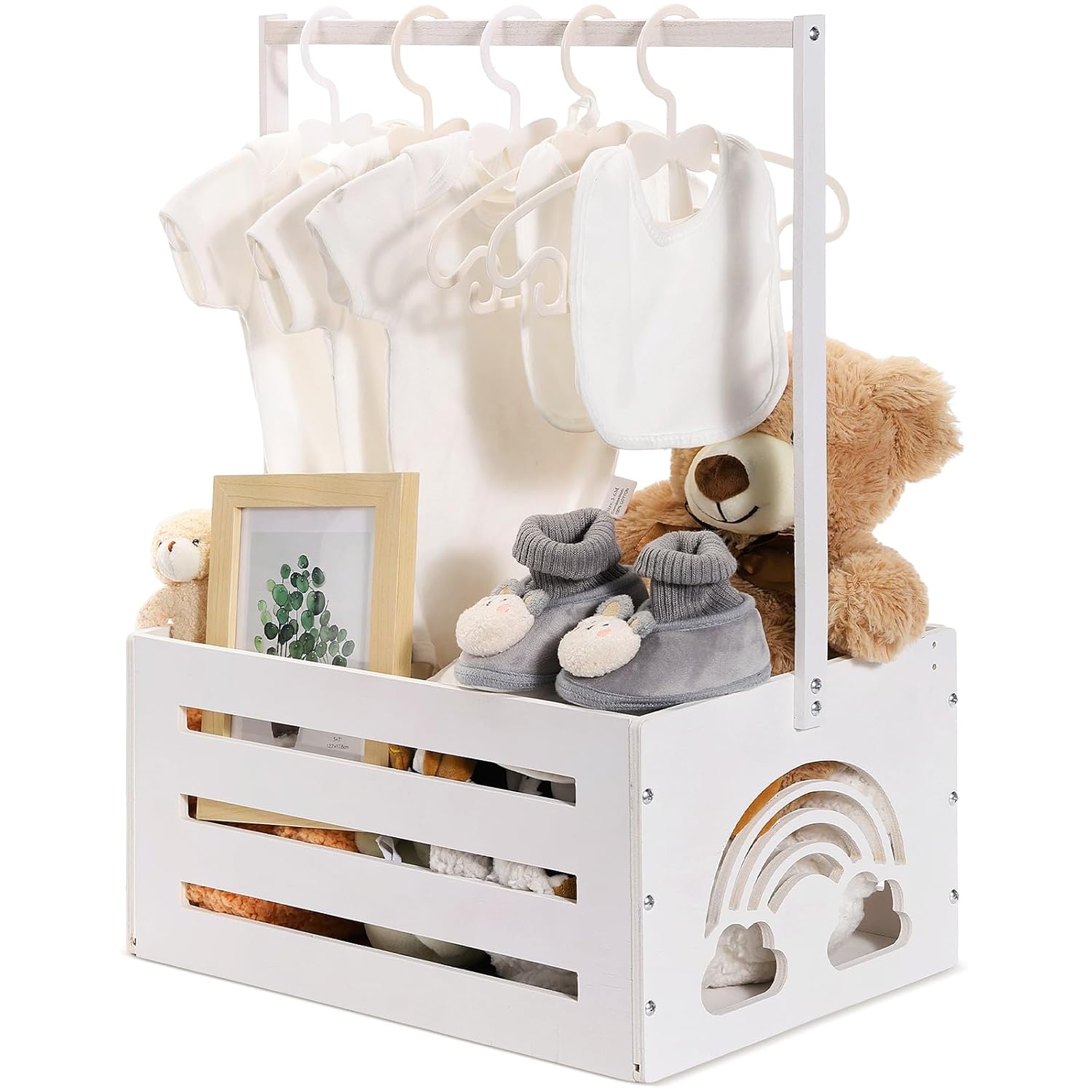 Yerliker Wooden Baby Shower Crate Closet Baby Shower Gifts Basket Storage Crate Hamper with Handle Personalized Basket for Newborn Boys Girls Pregnancy Gifts(Pink,Cloudy, Rainbow)