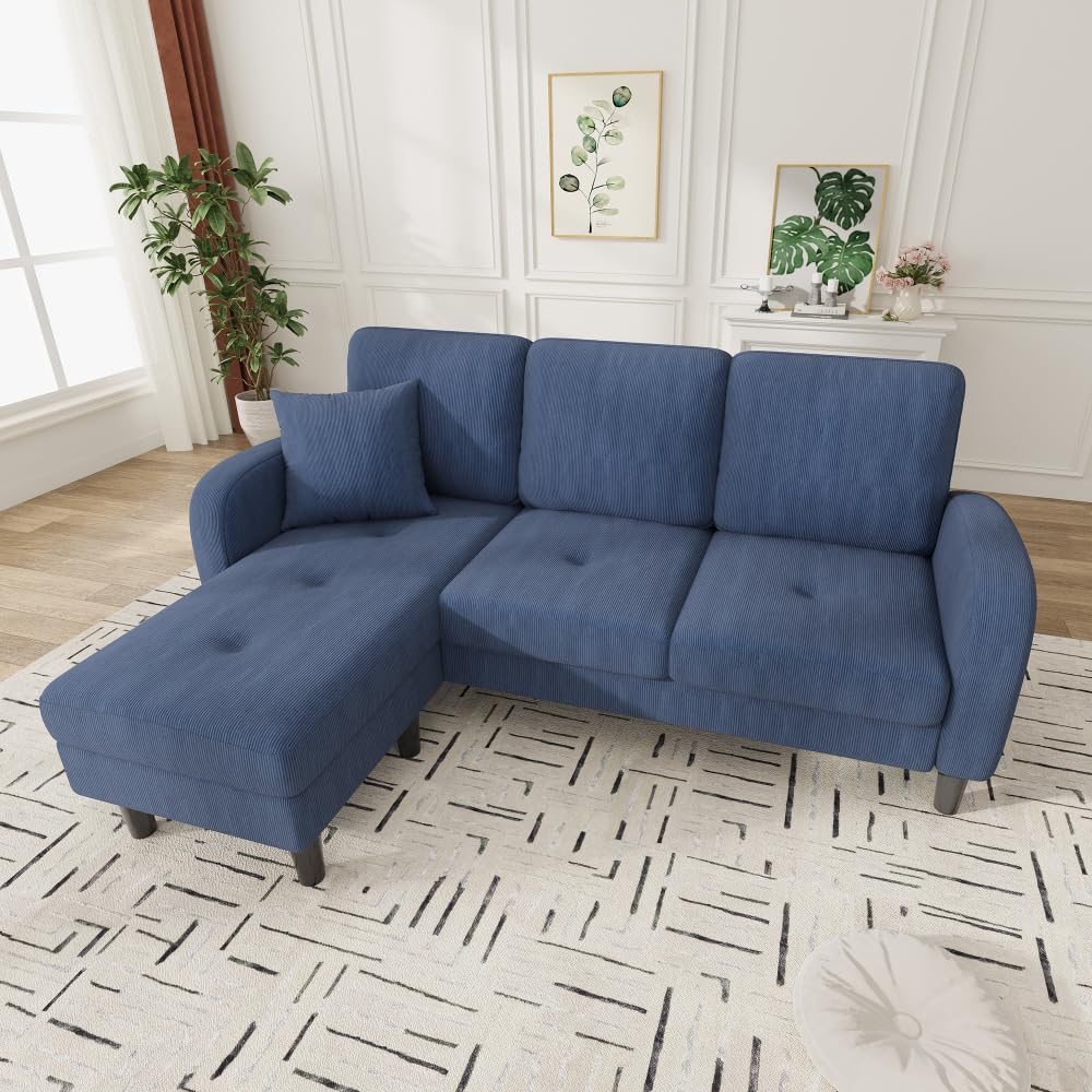 Divano angolare con chaise longue intercambiabili,divano 2-3 posti con 1 cuscino,tasche laterali,Divano imbottito,Gambe per sedie in plastica,design modulare,Velluto a coste,Blu(166x118x77 cm)