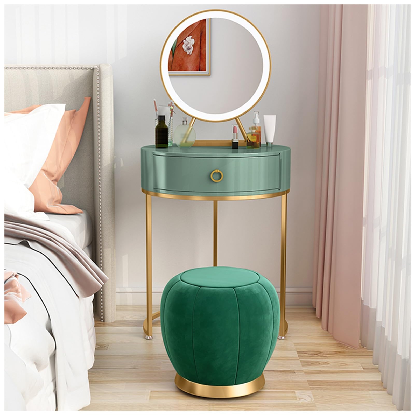 dressing table stool green Round Makeup Set with LED Mirror and Cushioned Stool, Modern Vanity Desk with 1 Solid Wood Drawer, for Small Spaces (Color : Green, Size : 60cm/24inch) plus plus size formal dresses