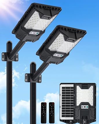 2-Pack Solar Street Lights Outdoor, 6500K Solar Lights Outdoor with 57 5054 Chips, Remote & Motion Sensor, 55000mAh 8W Panel IP66, 240 Wide Angle Dusk to Dawn Floodlight for Yard & Garage