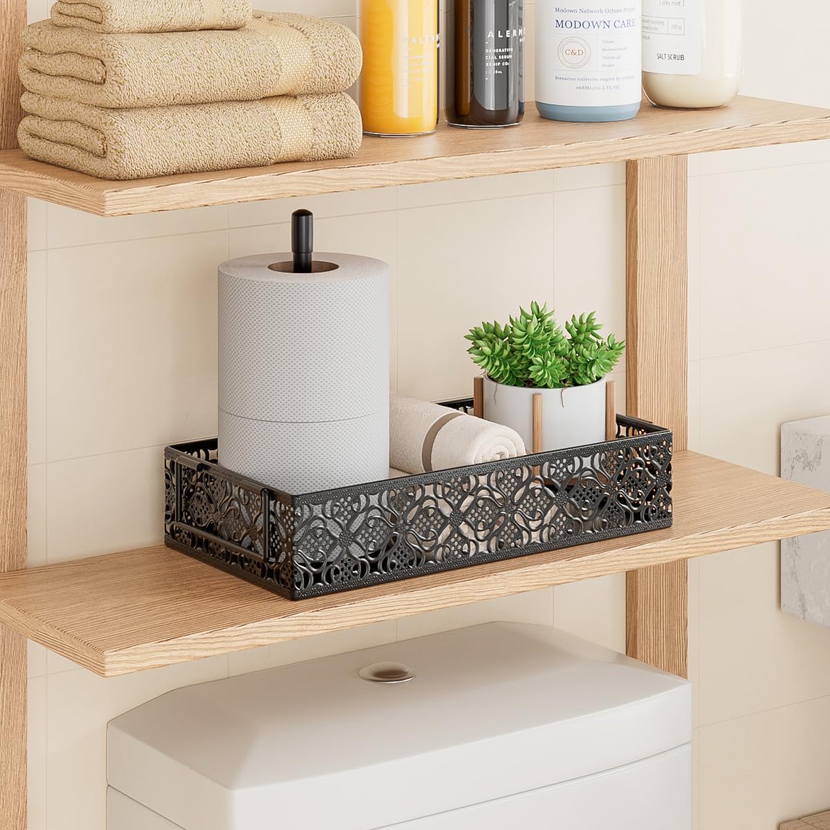 Toilet Tank Topper Paper Basket - Basket Decor Box with Magnetic Paper Towel Holder for Restroom Bathroom (Black) - Image 6