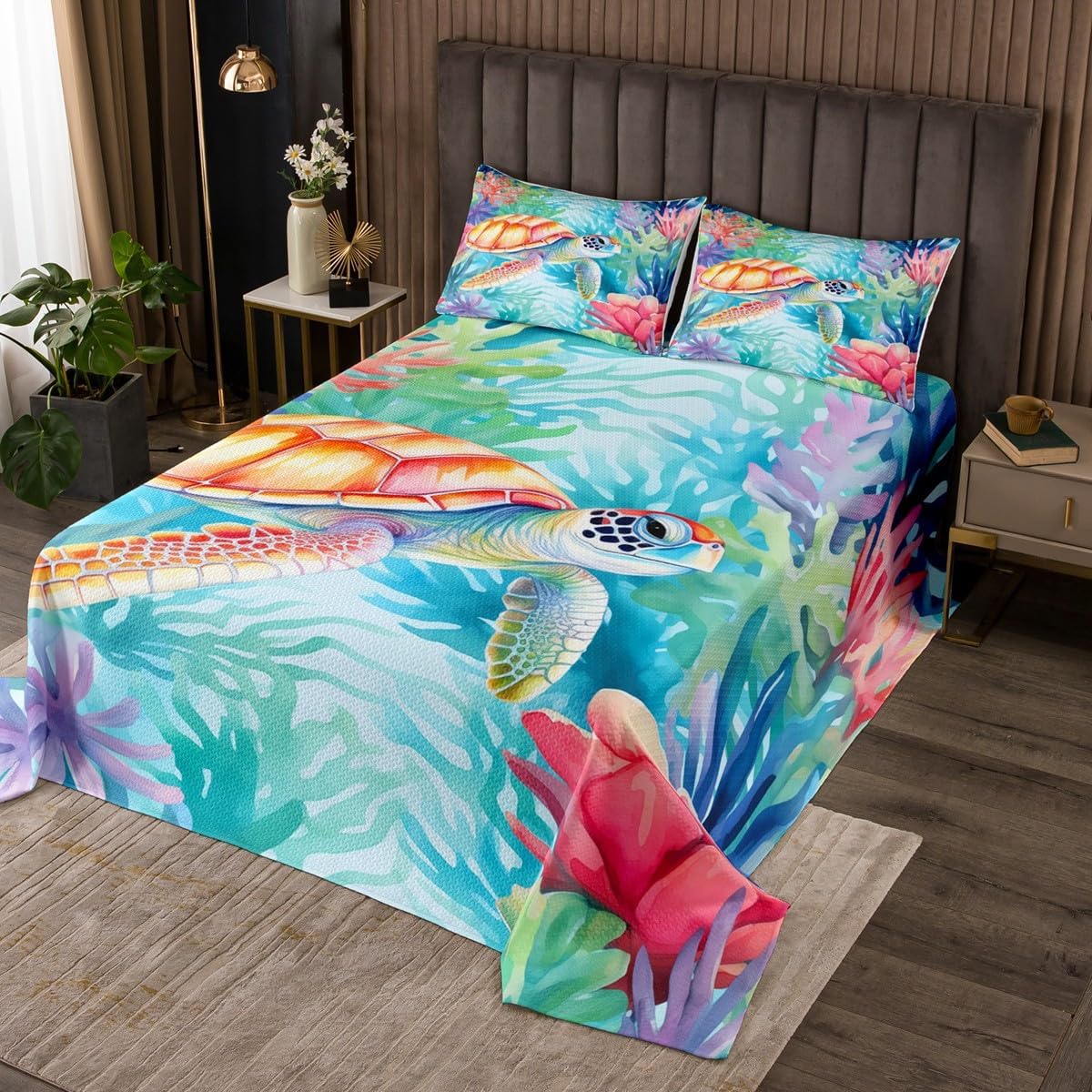 Drifting Bottle Starfish Crab Bedspread King Size,Beach Starfish Bedding Set for Kids Girls Boys Teens Room Decor,Ocean Style Sealife Comforter Set Summer Coastal Quilt Coverlet,2 Pillowcases