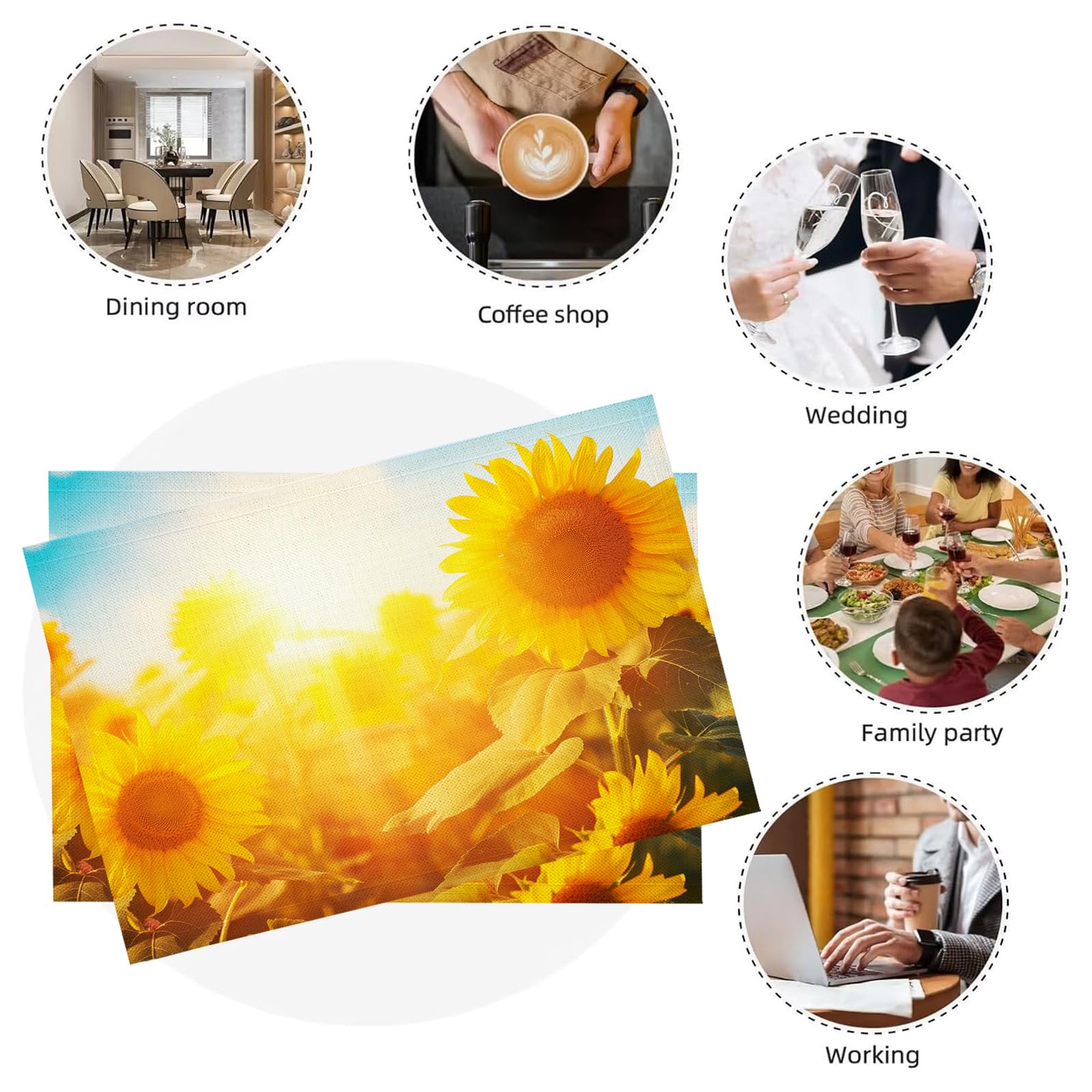 Set di 8 Tovagliette Americane Lavabili Cotone Lino Fiori - Tovaglietta Americana Resistenti al Calore Durevole Girasole - per Colazione Pranzo 30×45 cm