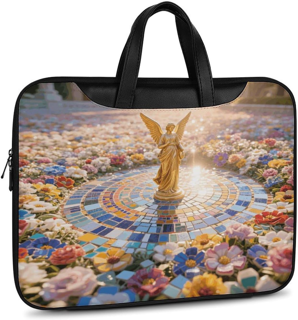 Mosaic Flower Sea with Angel 37x28cm Black-style Laptop Bag Leather Tablet Computer Briefcase Large Capacity Work Business Tote Bags for Office