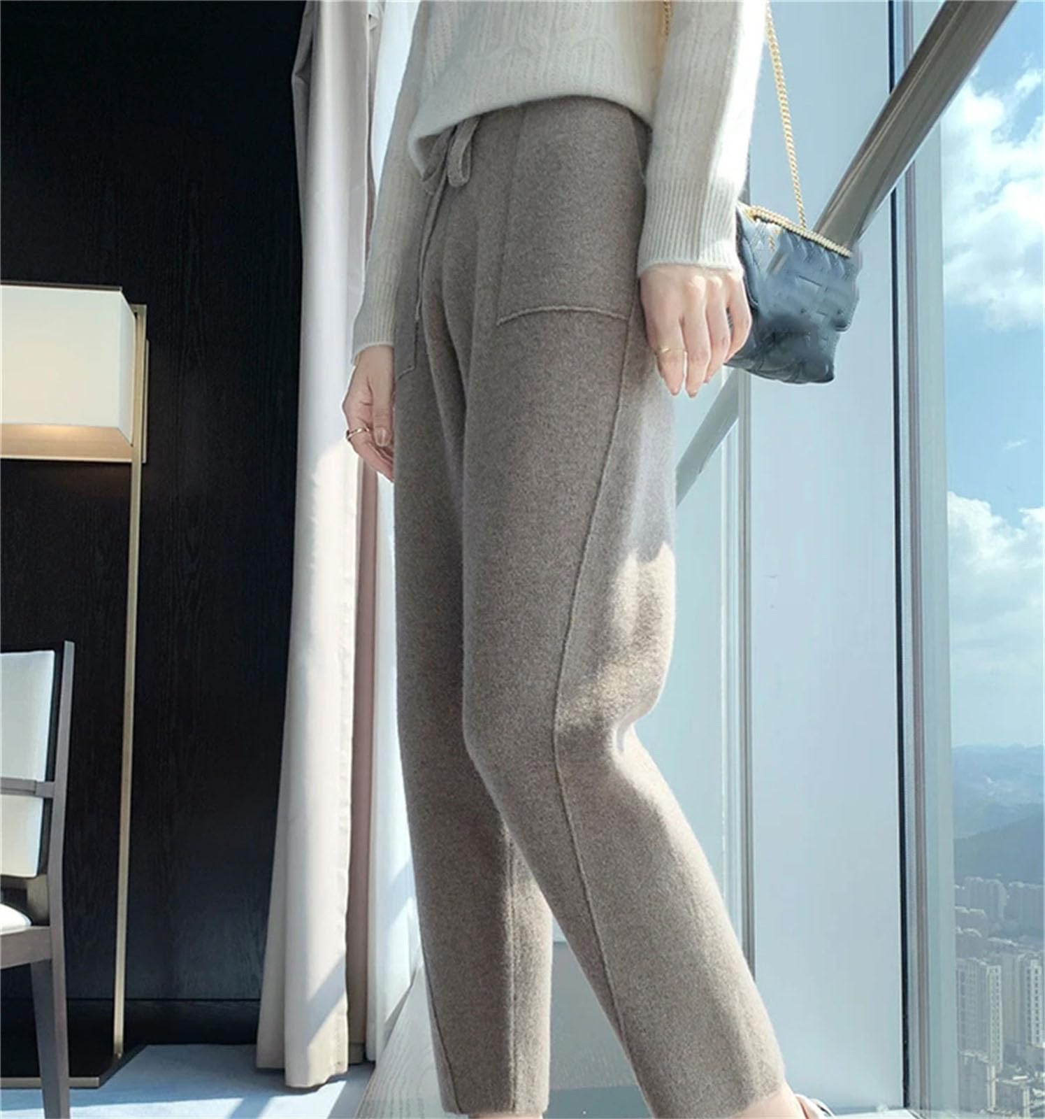 Pantaloni invernali da donna in lana 100% lana merino, pantaloni a maglia, stile semplice, spessi e morbidi pantaloni in cashmere