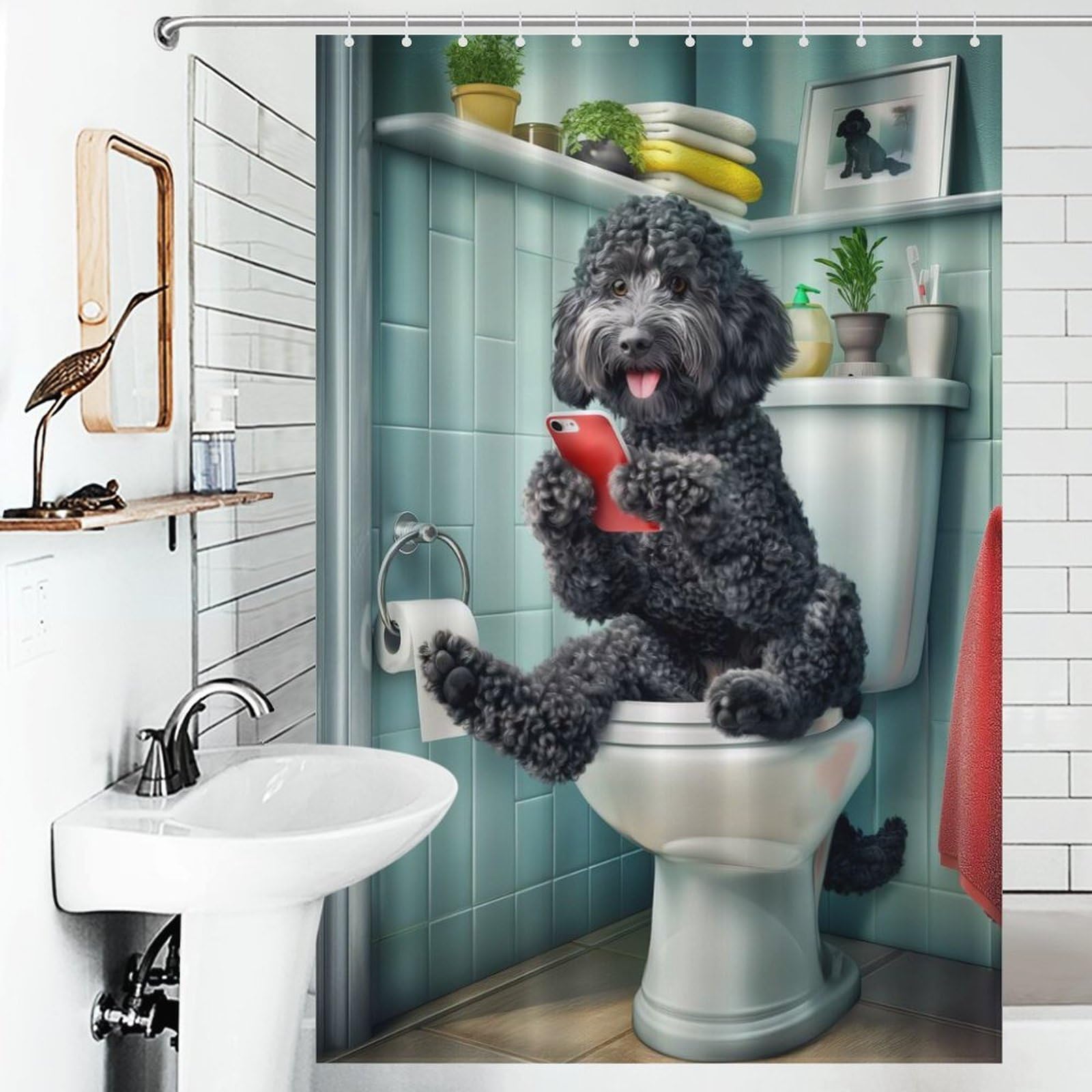 POLIUAWS Black Cockapoo Bathroom Shower Curtains Mould Proof 100% Polyester Fabric Washable Hilarious Bath Curtain for Bathroom with Hooks 46.85x70.87Inch（119x180cm）