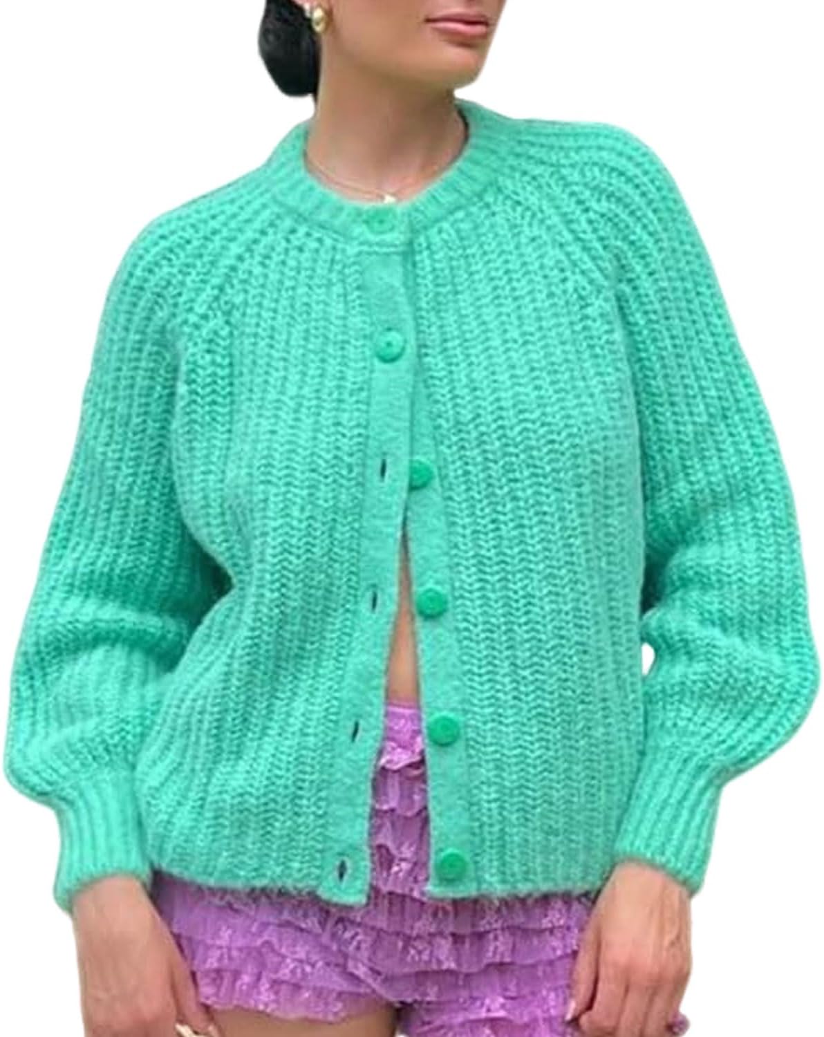 Womens Cardigan Sweater Chunky Knitted Crew Neck Long Sleeve Button Down Jackets Open Front Loose Casual Coat