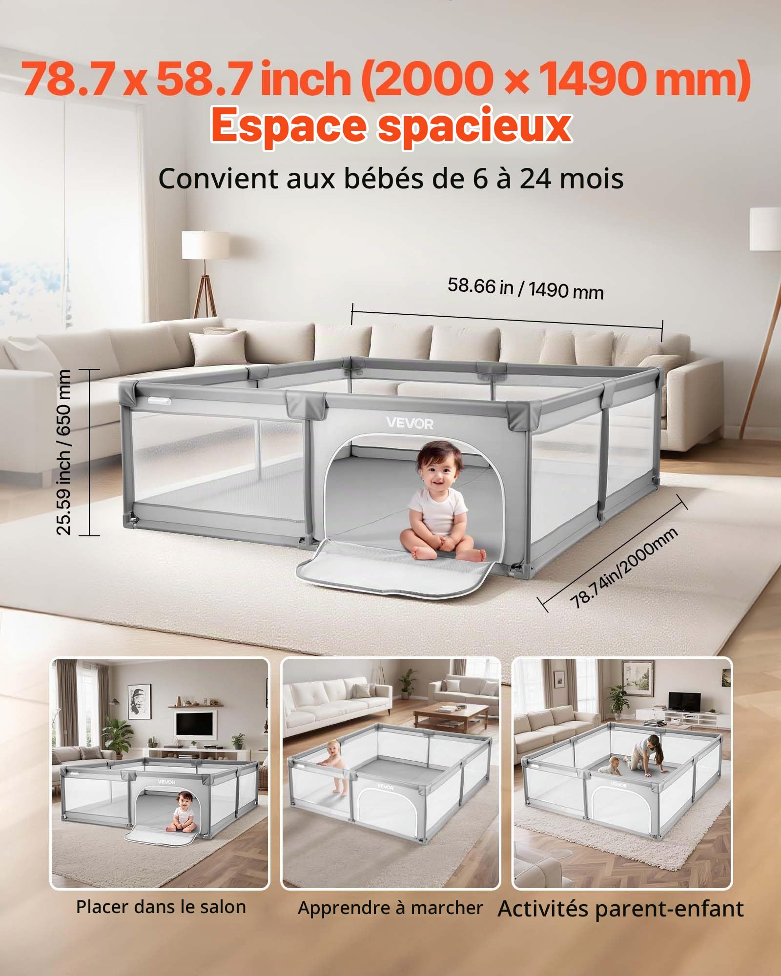 VEVOR Parc Bébé, 200x149 cm, Parc de Jeu Enfant, avec 50 Balles Océaniques, Sac de Voyage, Porte Zippée, Maille Respirante, Barrière de Jeu pour Tout-Petits Apprendre à Marcher Intérieur Extérieur
