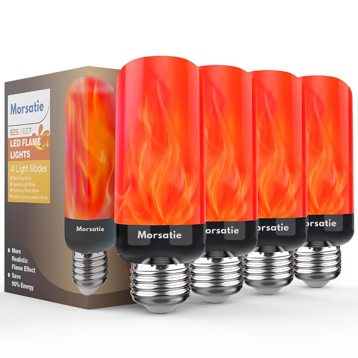 Morsatie LED Flame Light Bulbs, 4-Mode Flickering, E26, 4 Pack, Red, Model
