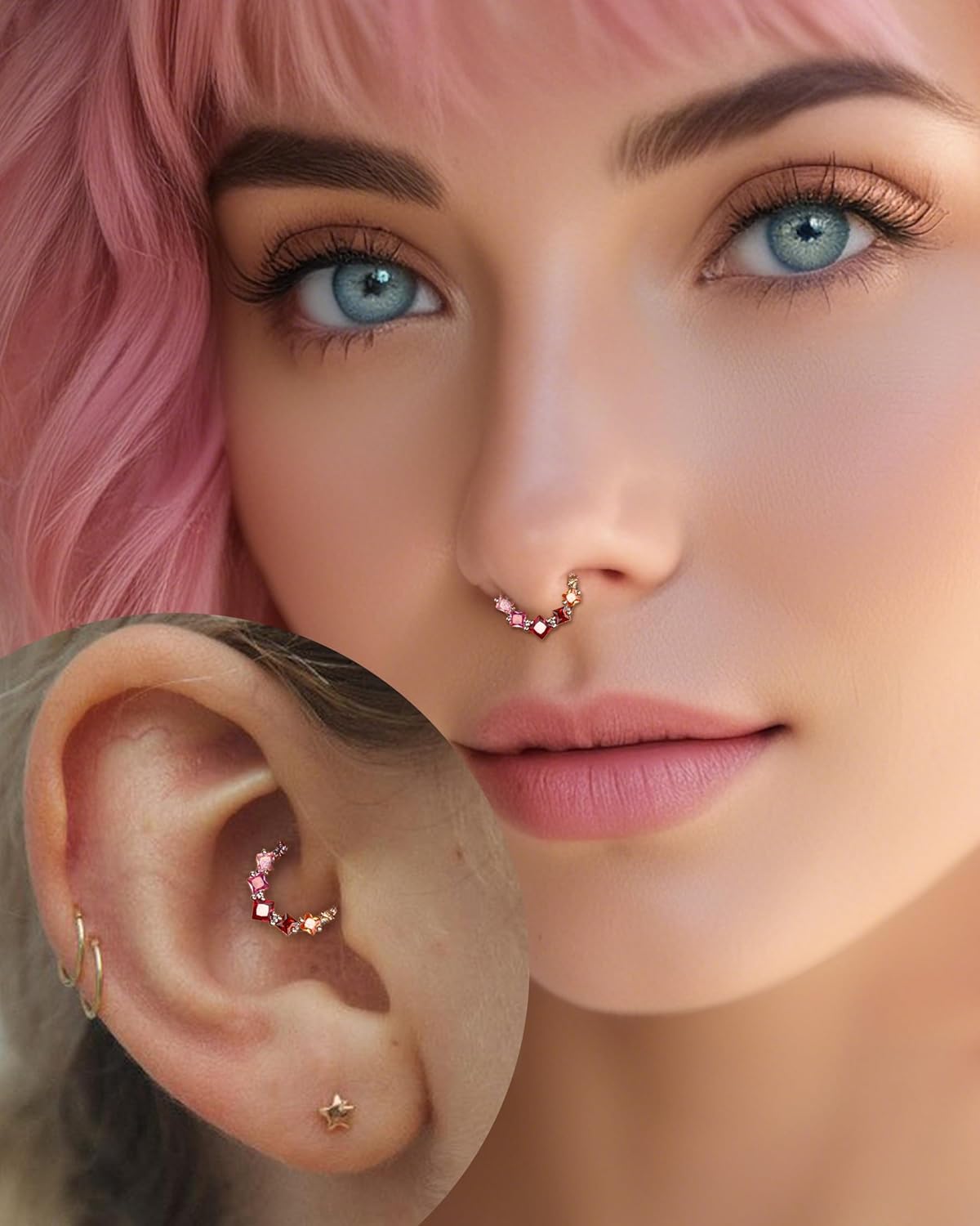 Colorful CZ Septum Rings, 16G Septum Jewelry, Dainty Helix Daith Earrings for Women, Stainless Steel Septum Daith Piercing Jewelry - Image 2