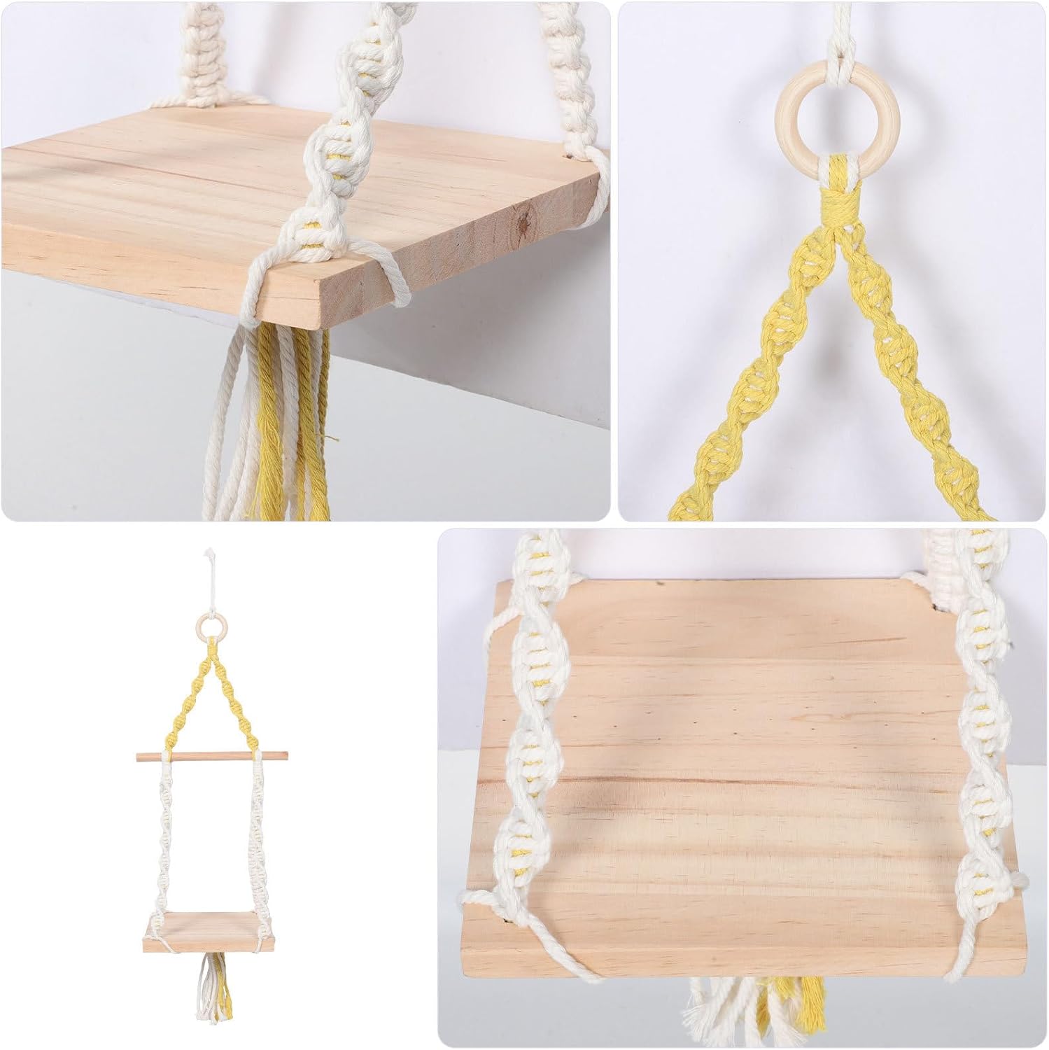IWOWHERO Handwoven Macrame Wall Hanging Shelf with Cotton Rope and Wooden Frame Boho Wall Decor for Living Room, Distinctive Shape Bohemian Tapestry Organizer with Shelf for Plants