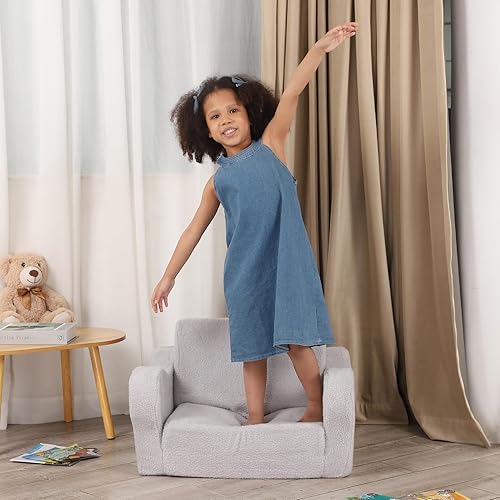 Miniatura 2 de Comfy - Silla para niños pequeños, sofá plegable 2 en 1, sofá sherpa convertible para niños y niñas, color gris