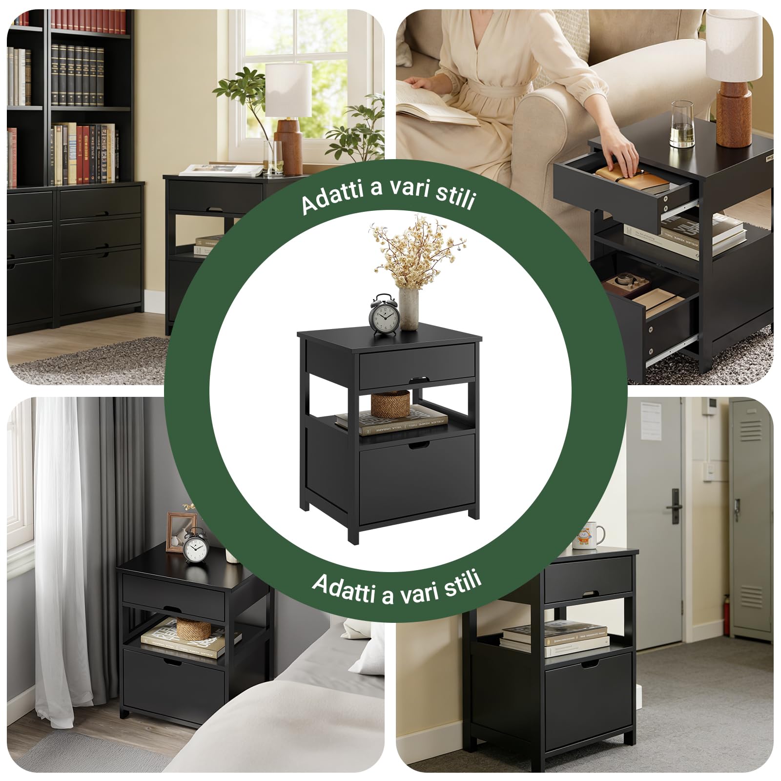 SoBuy Comodino Camera da Letto - Comodino con 2 Cassetti e 1 Ripiano, Tavolino Salotto - Moderna Cassettiera L45 x P38 x A55 cm Nero FRG258-SCH