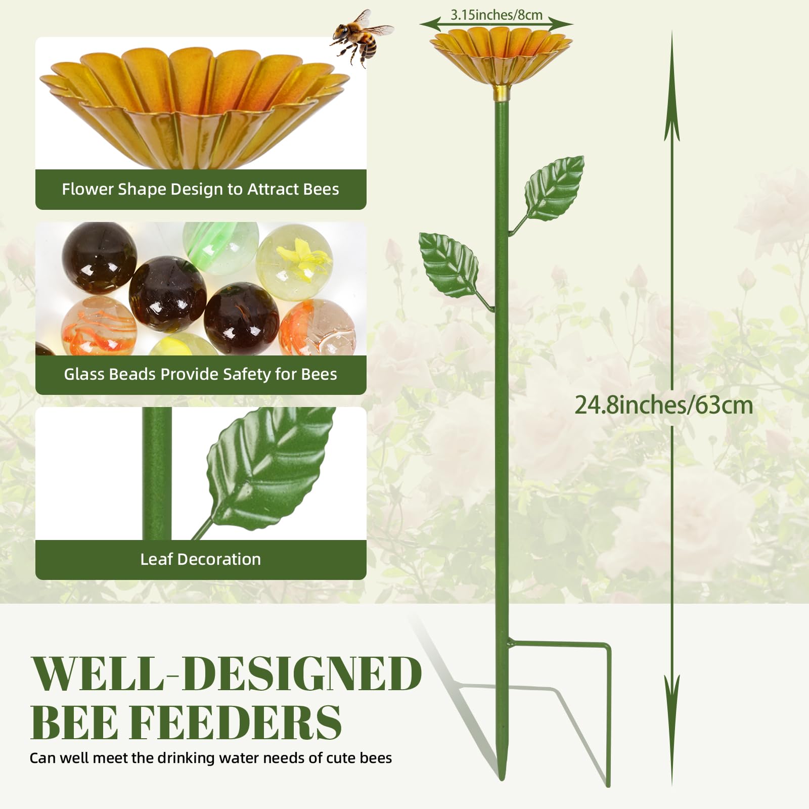 Bienengießstation, 4 Stück Metall Bienenbecher für Garten, Bienenfutterspender für durstige Bestäuber mit 20 Glasmurmeln, Bestäuber Wasserspender für Bienen & Schmetterlinge, Outdoor Garten Hof Dekor