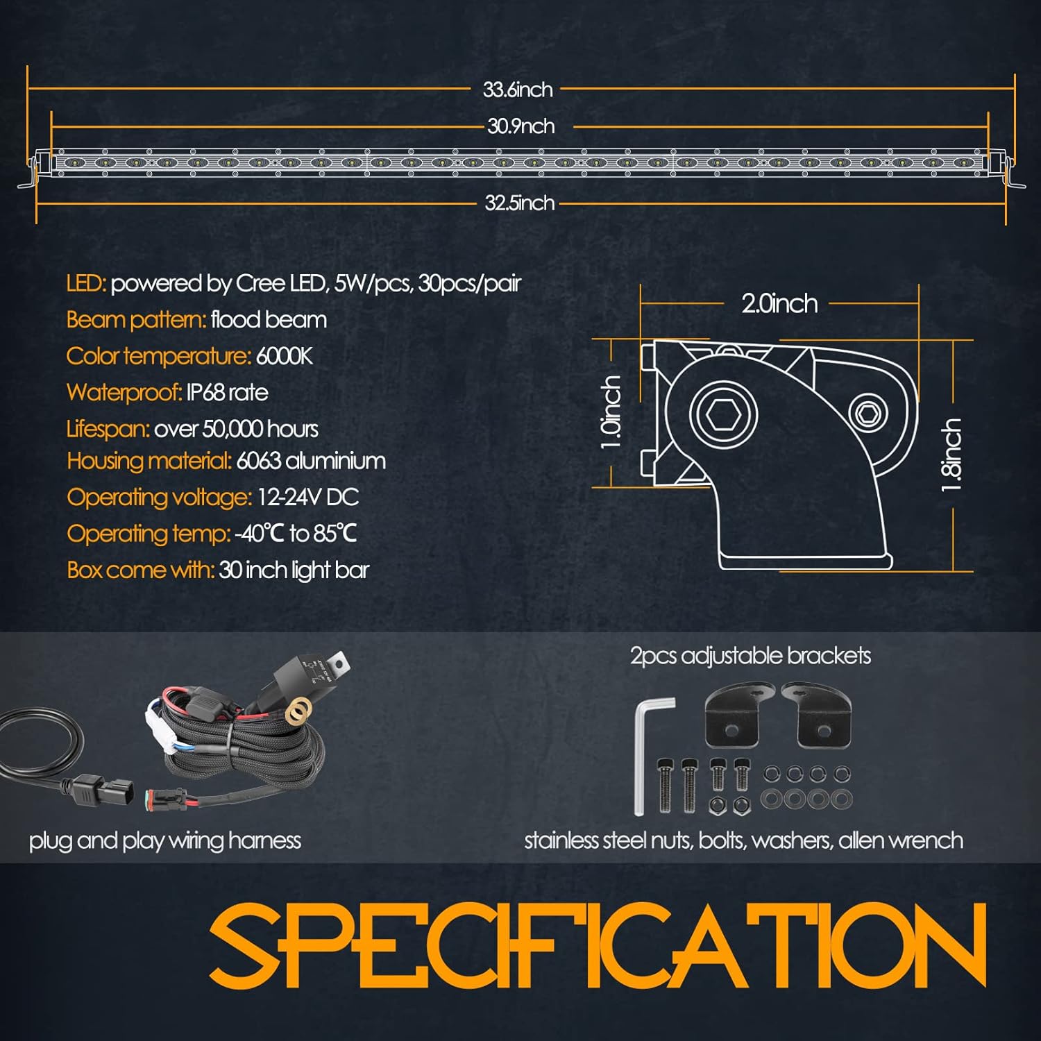 30 Inch Single Row CREE LED Light Bar with Wiring Harness, Nirider Black Series LED Bar Kit 150W Super Slim Flood Fog Lights Driving Lights Off Road Light Bars for Polaris UTV ATV Truck Toyota