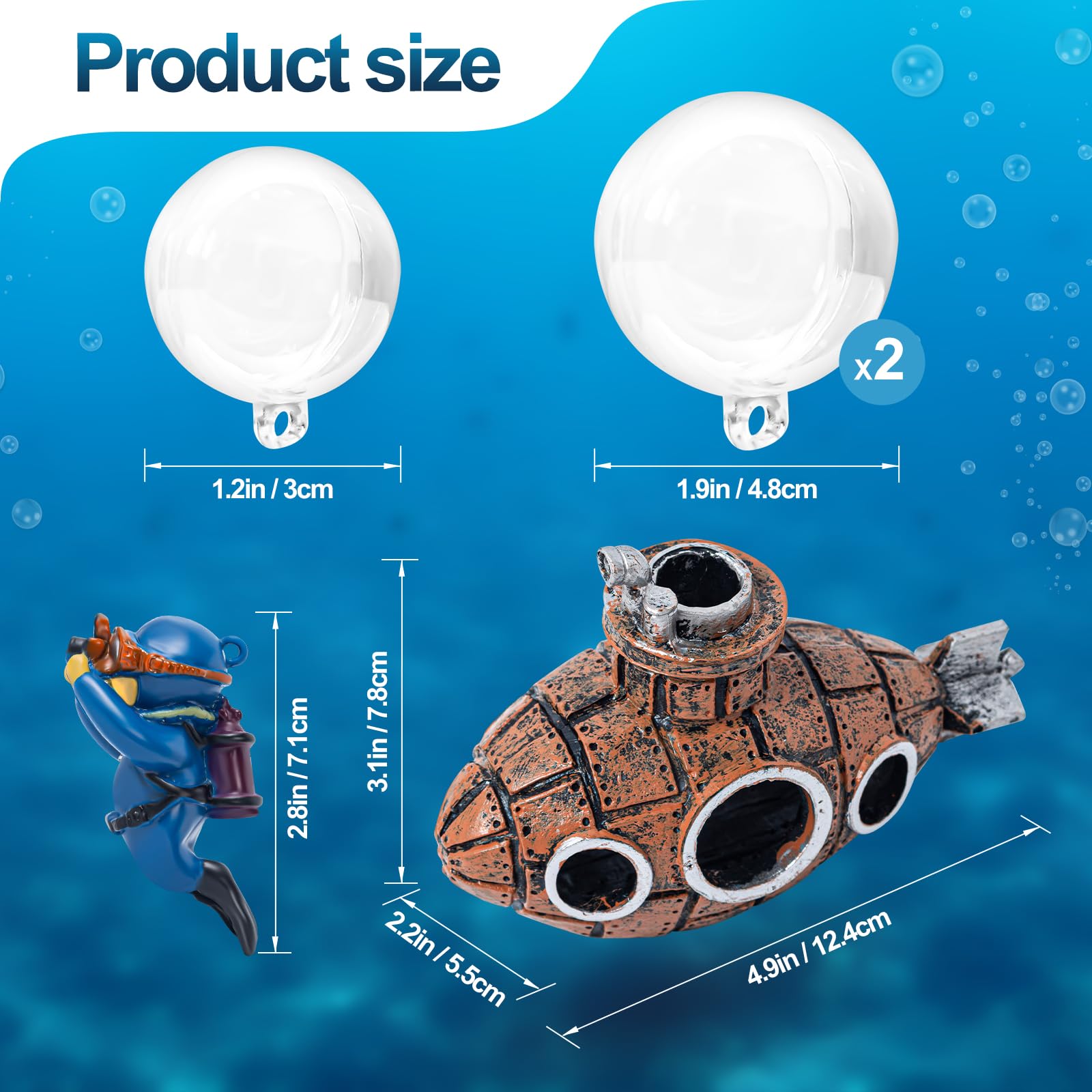 betta fish tank accessories submarine TARANDUS 4 Pcs Fun and Vibrant Decorations - Cute Floating Diver and Retro Set With great color and stylish design Aquarium Decorations Submarine Fish Tank