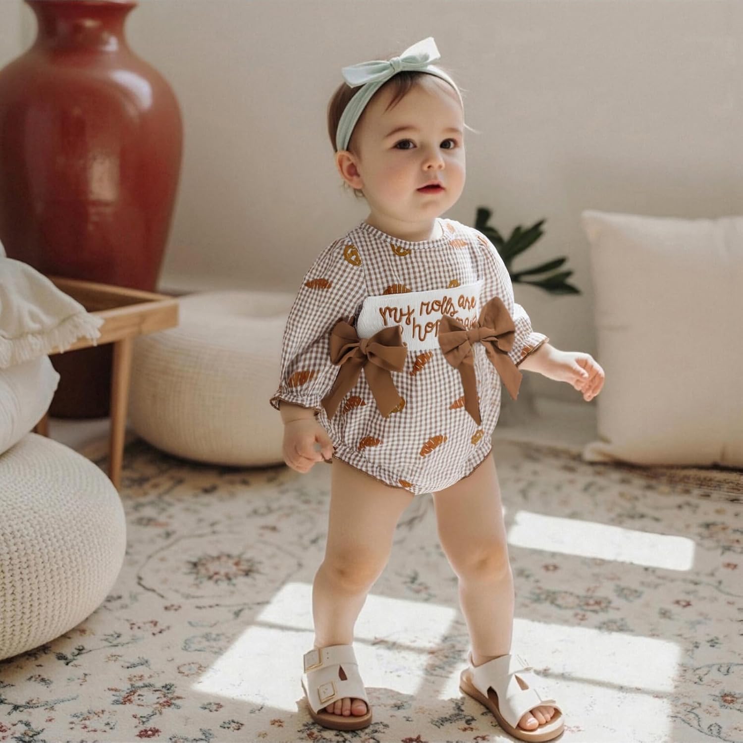 allshope Infant Baby Girl Thanksgiving Outfit Jumpsuit Plaid Croissant Smocked Bubble Romper Bodysuit Newborn Fall Clothes - Image 3