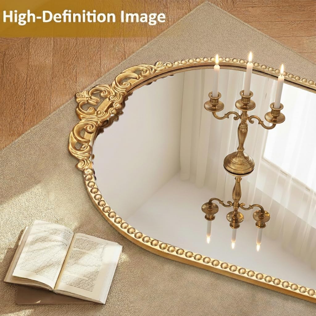 Arched Mirror Full Length: 60"x28" Gold Vintage Full Body Mirror Floor Antique Baroque Traditional Ornate for Entryway/Cloakroom/Bedroom/Living Room - Home Decor for Fashion-Conscious