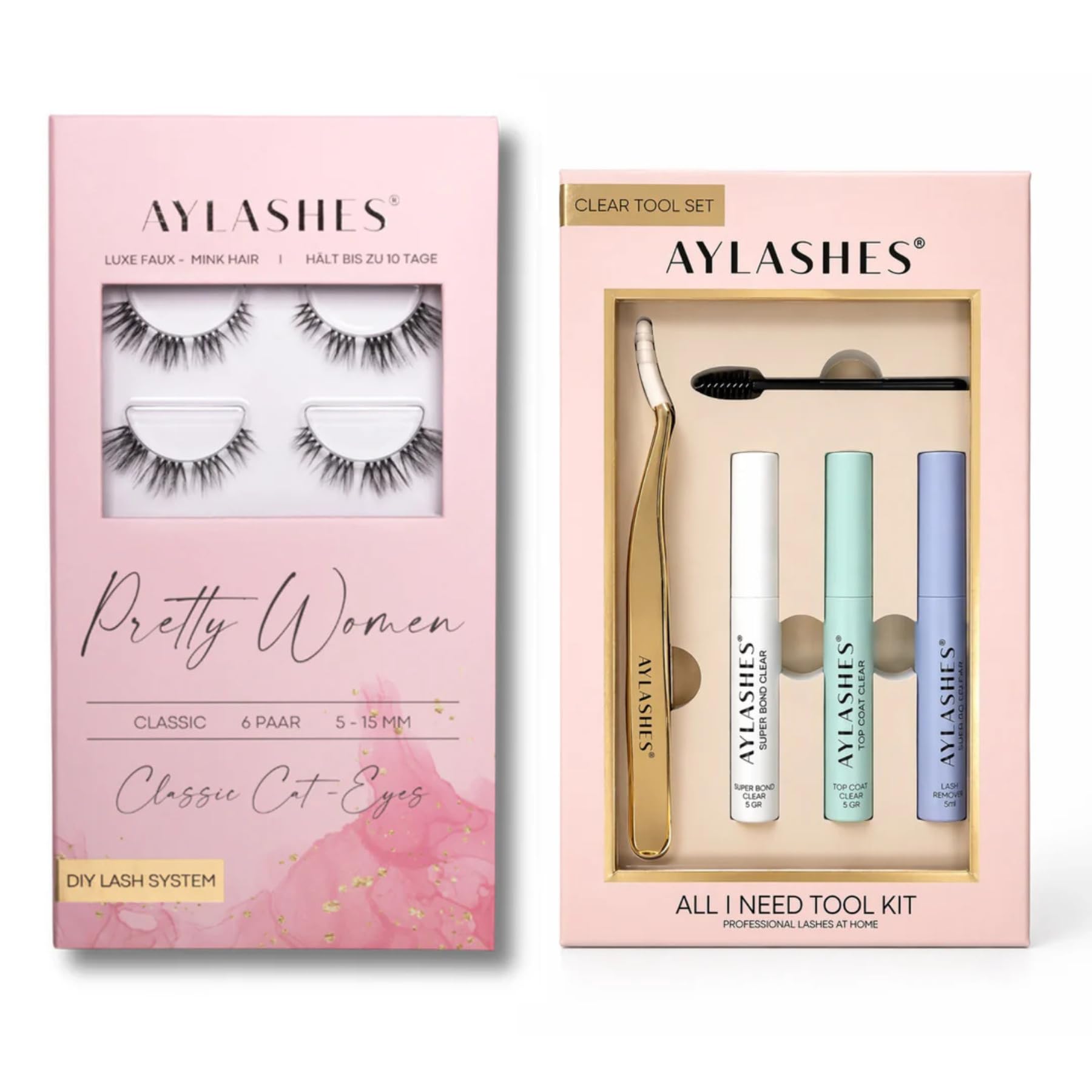 AYLASHES - DIY Wimpernextensions Starter Set Pretty Women | 6 Paar Wimpern, Applikator, Wimpernkleber, Top Coat Sealer transparent, Lash Remover | Wimpern DIY Set für zu Hause | bis zu 7 Tage Halt