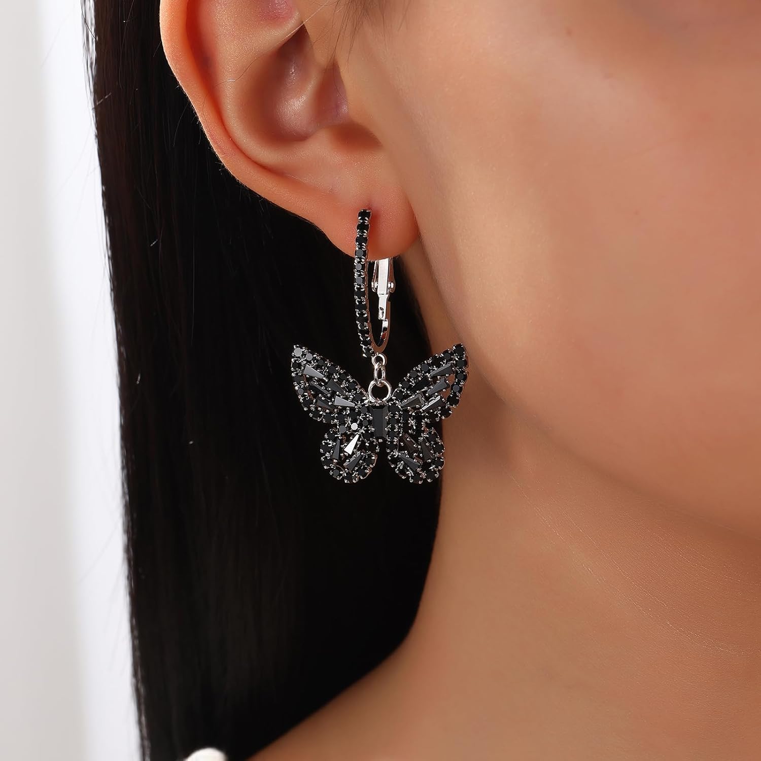 Butterfly Hoop Dangling Earrings For Women,Crystal Rhinestone CZ Drop Earrings For Lady,Gold Plated Cubic Zirconia Earrings for Prom Wedding Brides - Image 2