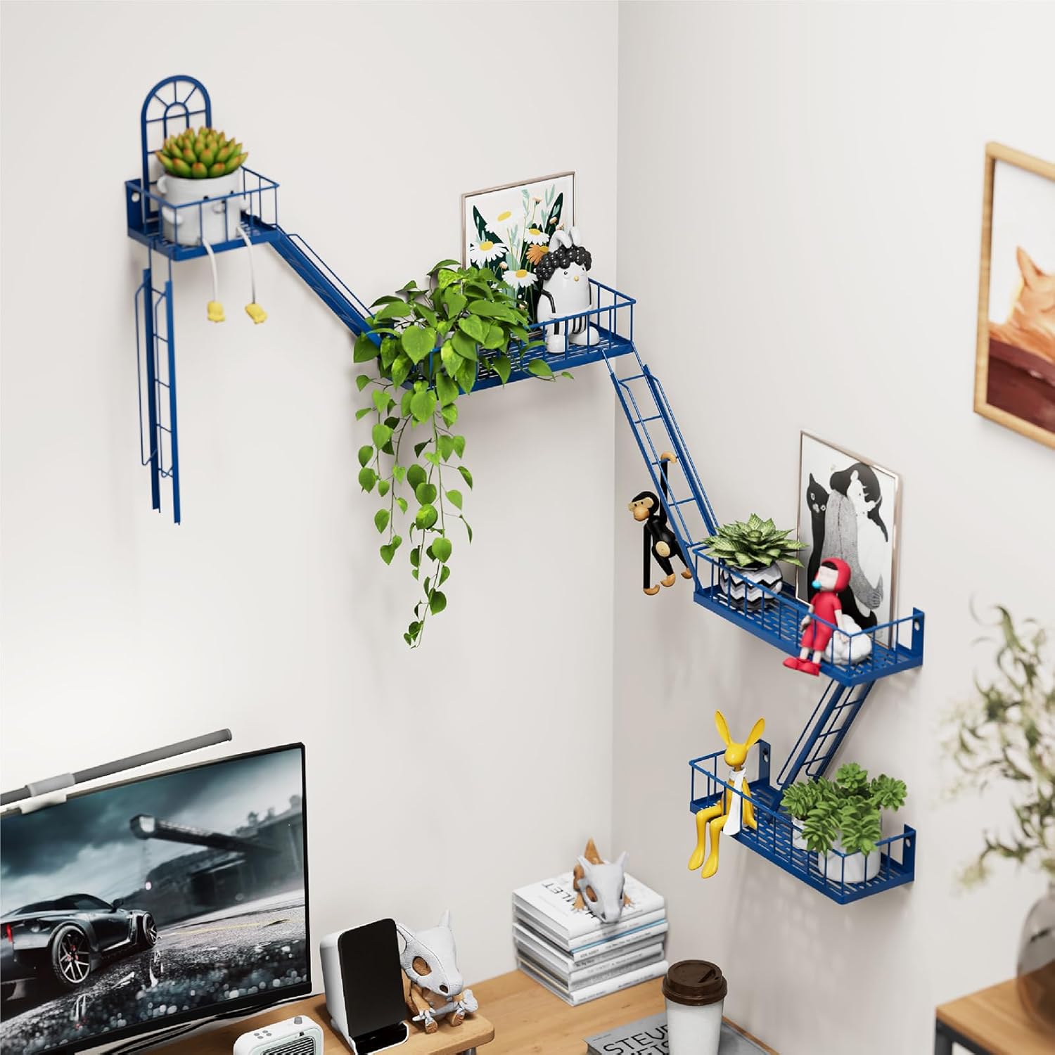 Fire Escape Shelf 4 Tier Metal Fire Escape Wall Shelves with Baskets, New York Action Figurine Display Shelf, Unique Rustic Floating Decorative Wall Shelves Navy Blue