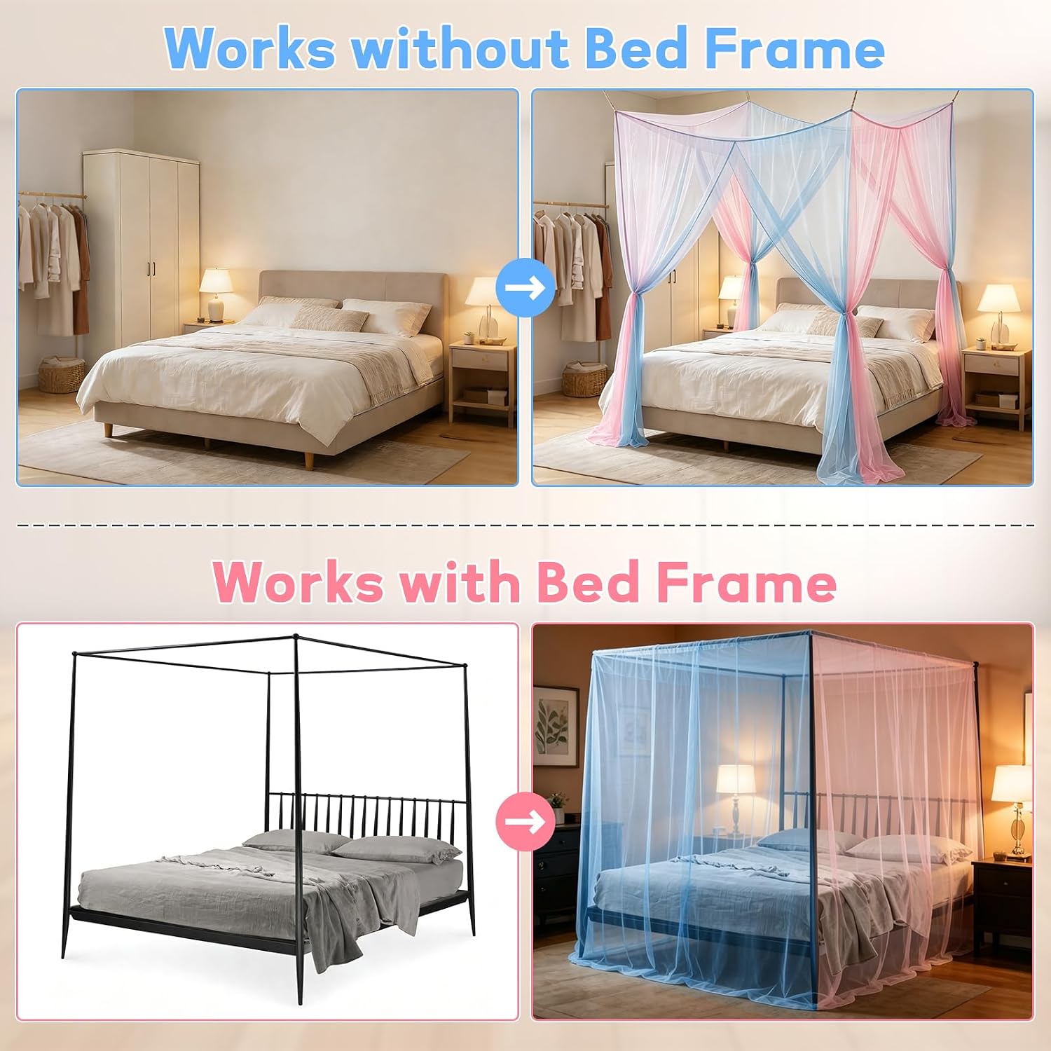 4 Corners Mosquito Net for Bed, Canopy Bed Curtains Pink & Blue | Suitable for Full Queen Size Bed, Bed Canopy Netting for Bedroom Camping Outdoor Travel