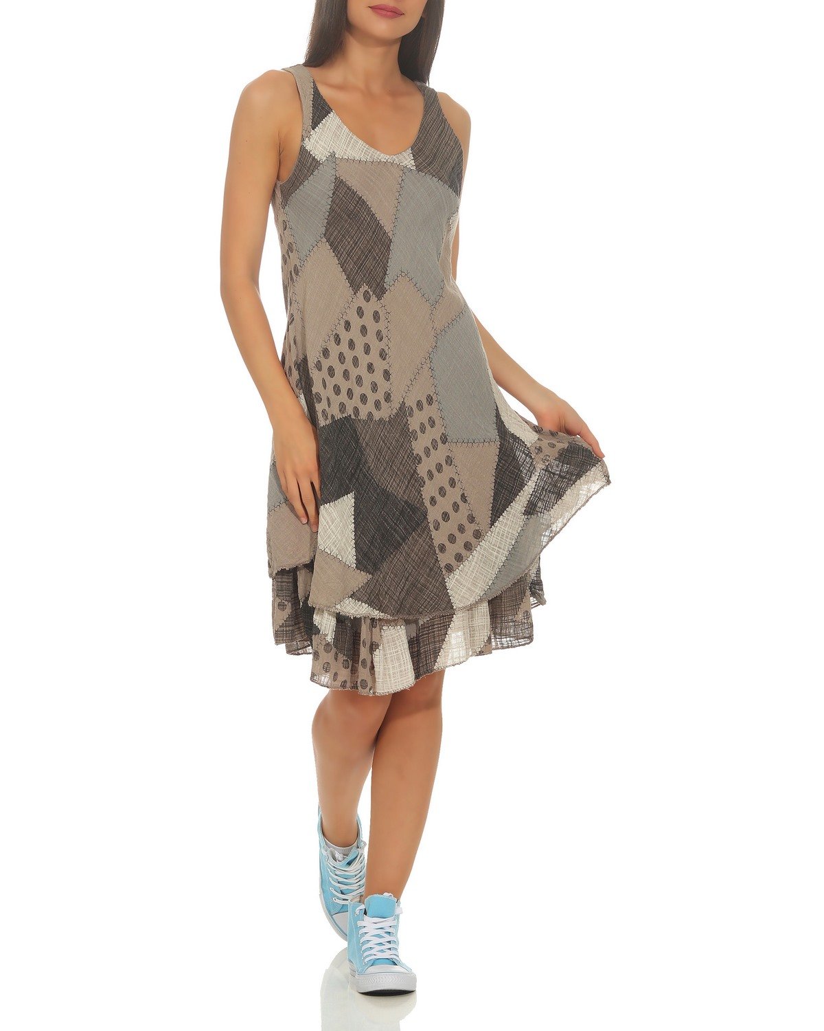 ZARMEXX Damen Sommerkleid Strand Kleid Patchwork-Print Ärmellos doppellagig A-Linie One Size (36-40)