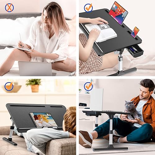 Miniatura 9 de Escritorio de cama para laptop, escritorio ajustable para laptop con patas plegables, cajón de almacenamiento, ranura para tableta, tapón extraíble,