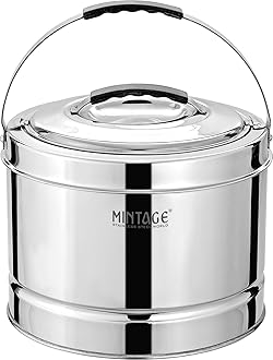 MintageStainless Steel Sambar Pot 5 Liters for Canteen & Hotel Casserole with side handle Roti | Rice | Biryani Box Puff Insulated Hot & Cold 12HR picnic pot Container Casserole Thermal Serving Pot