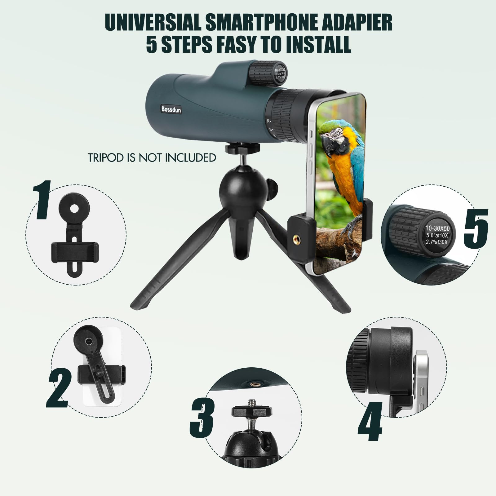 10-30x50 Monokular Teleskop für Erwachsene, Wasserdichtes HD Monokular Zielfernrohr mit Smartphone zur Vogelbeobachtung Sightseeing Wandern Jagd Camping (Green)