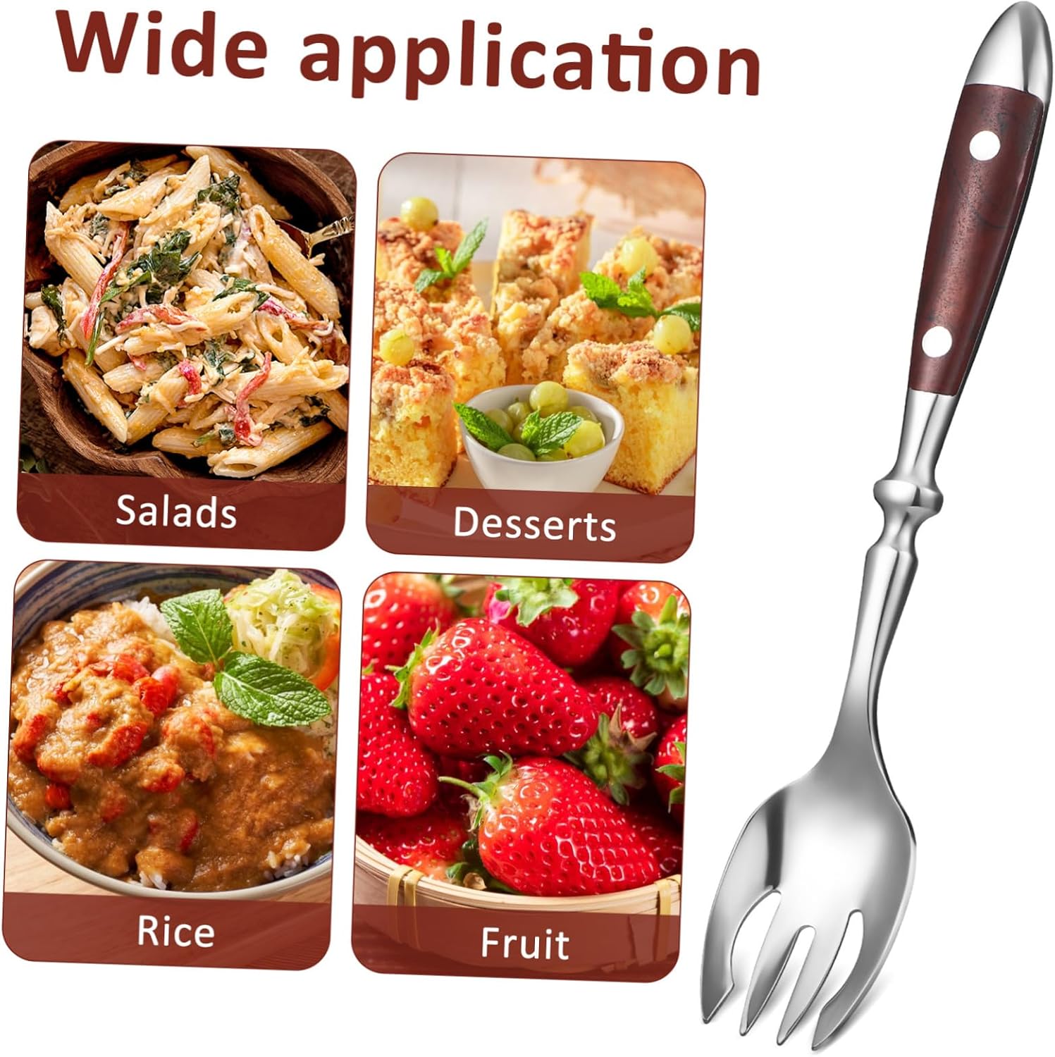 4pcs Stainless Steel Salad Forks Sporks Wooden Handle Forks Dessert Serving Utensils