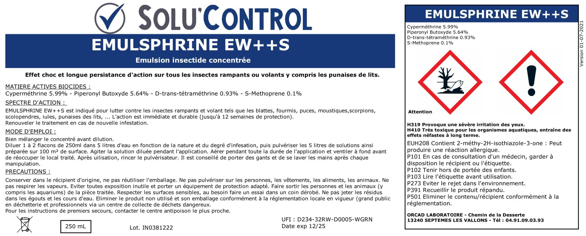 HALTE AUX INSECTES - Insecticide Concentré pour 5 LITRES - Volants et rampants - avec régulateur de croissance S-Methopren - EMULSPHRINE EW++S 250 ml