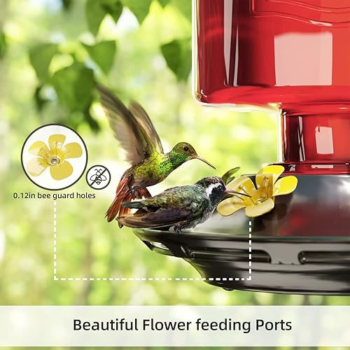 Miniatura 3 de Auslar Comedero para colibríes, comedero de colibrí de vidrio verde para colgar al aire libre, 5 puertos de alimentación de flores de imitación, 23