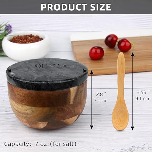 Miniatura 10 de HESHIBI Caja de madera para salar con tapa y cuchara de mármol, moderna piedra blanca con sal o pimienta para condimentos de especias y azúcar,