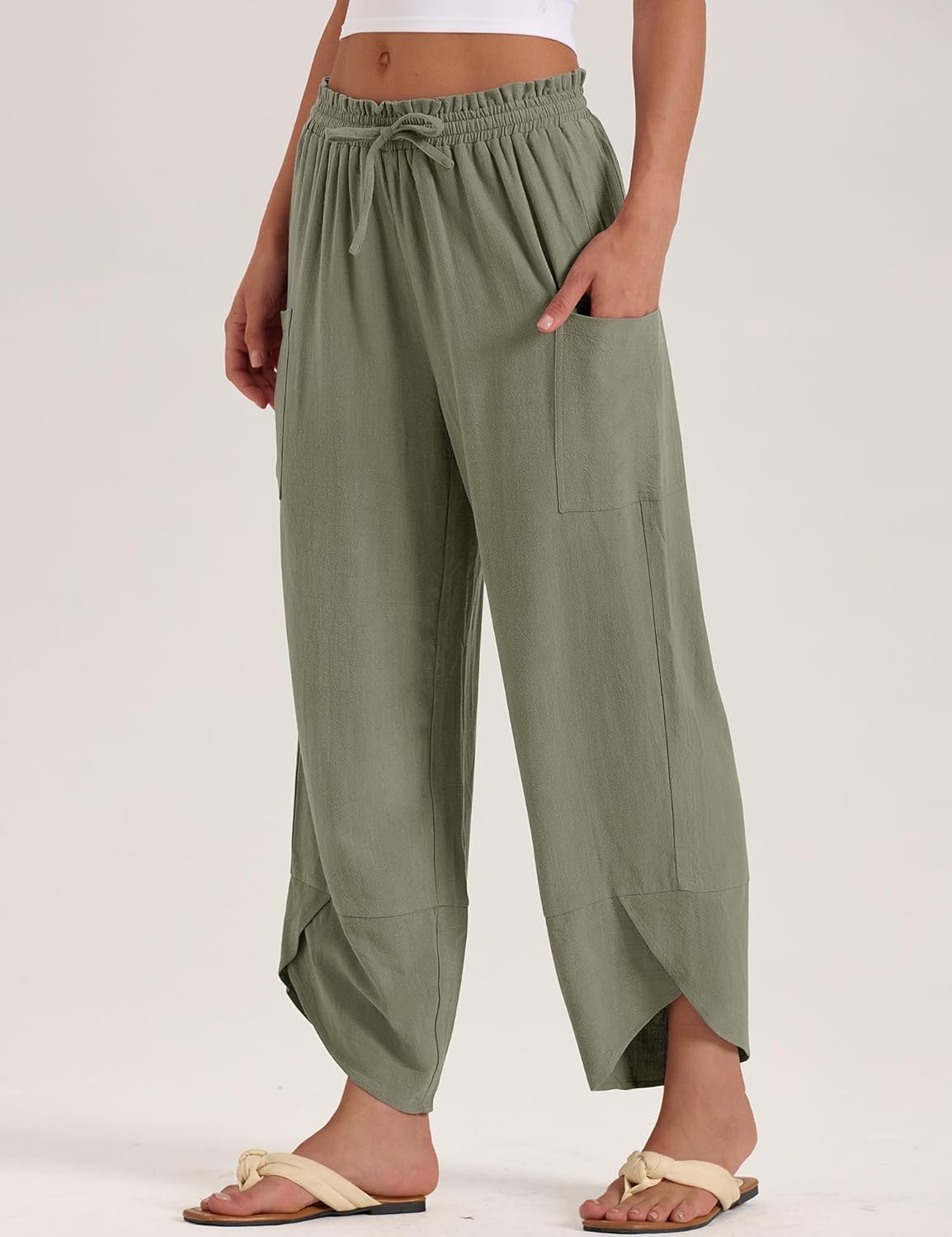 LOMON Women Linen Palazzo Pants Boho Wide Leg Elastic Waisted Casual Capri Pant Summer Harem Lounge with Pockets - Image 6