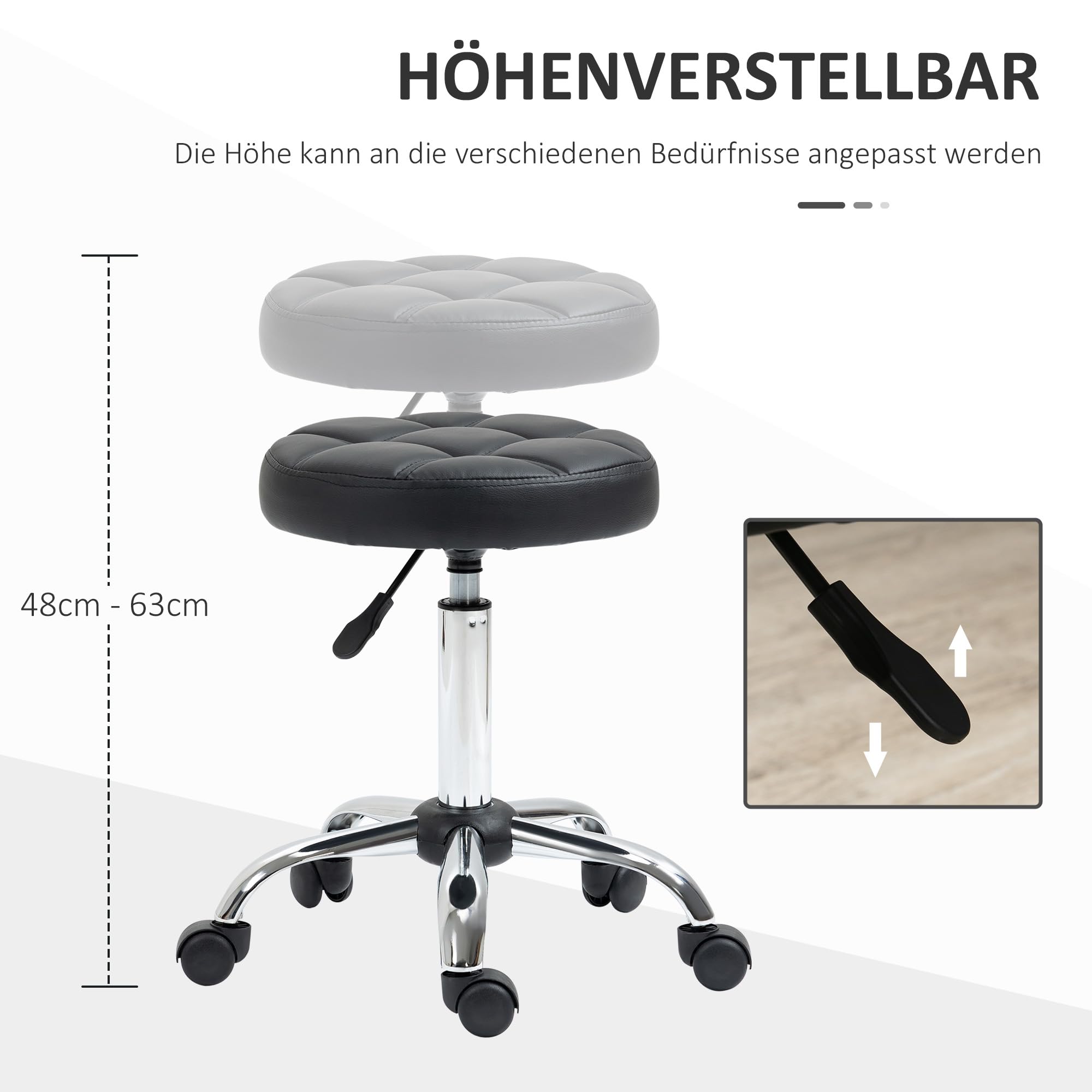 HOMCOM Rollhocker Höhenverstellbar Drehhocker 2er-Set 48-63 cm Schwarz