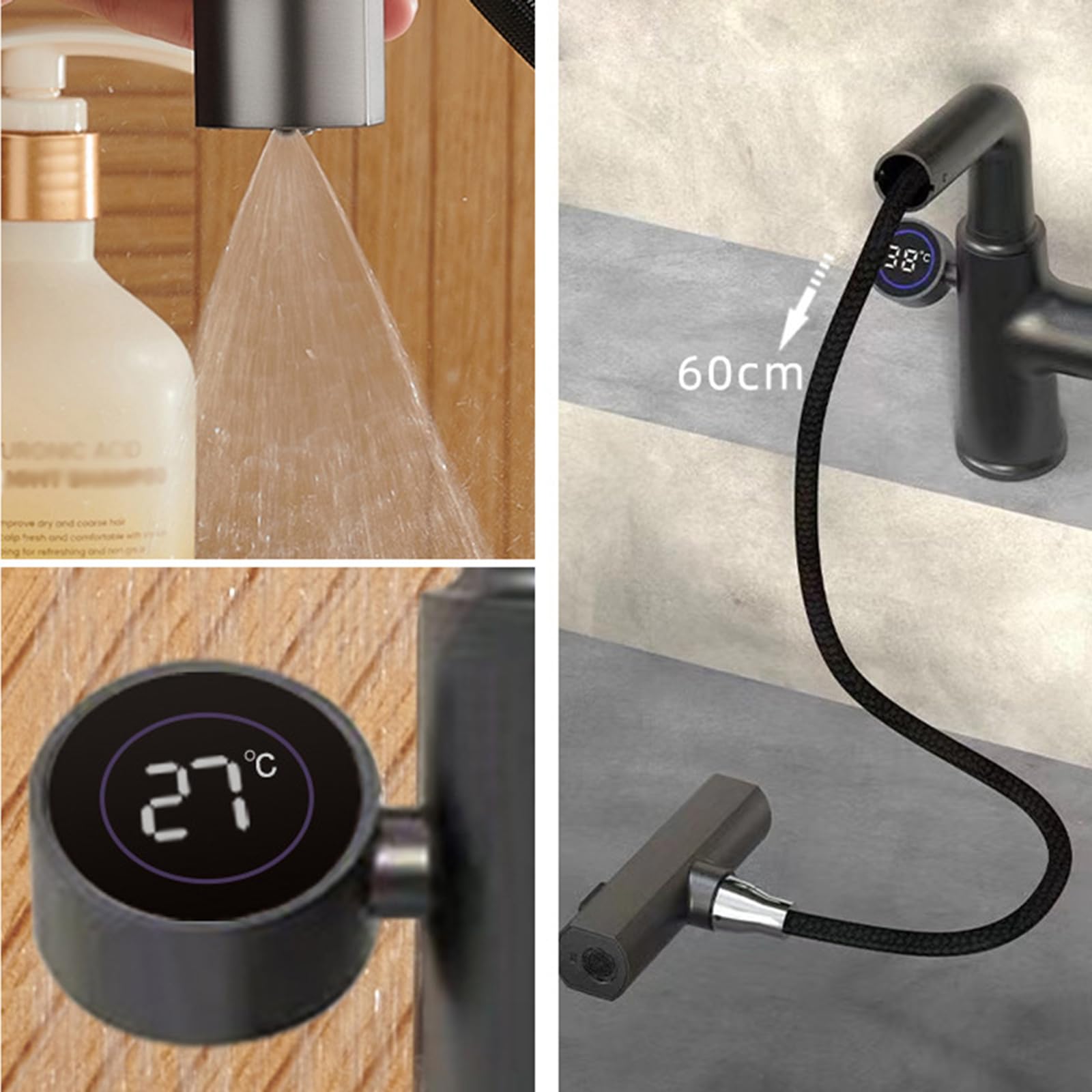 Generico Rubinetto da Bagno Miscelatore da Cucina con Doccetta Estraibile Cascata Miscelatore Monocomando per Lavabo con Display Digitale Girevole 360° Grigio Canna di Fucile