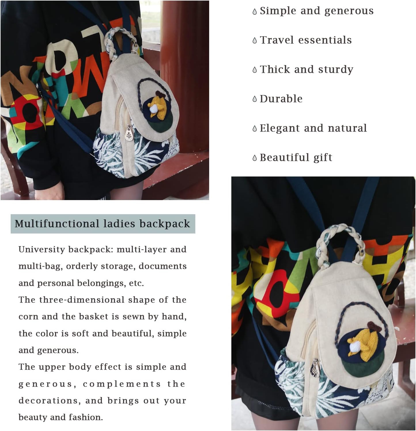 Women Cotton Woven Bohemian Hemp Boho Canvas Embroidery Multi Pocket Retro Cute Backpack Wallet Backpack（Corn）