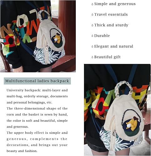 Vista 10 de HUANGGUOSHU Mujer de algodón tejido bohemio cáñamo Boho lona bordado múltiples bolsillos retro linda mochila cartera mochila mochila gato caprichoso