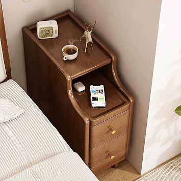 SAZDFY Narrow Nightstand for Bedroom, Solid Wood Bedside Table with 2 Drawers & Open Sliding Shelf, End Side Table Mid Century Modern Night Stand for Small Spaces 25x40x50cm10x16x20in, Brown