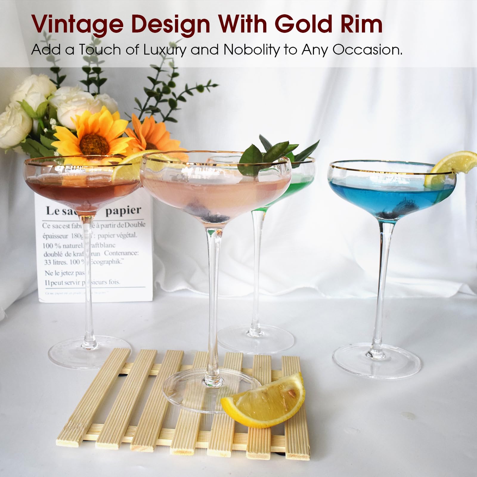 Juego de 4 copas vintage de Martini con tallo alto, copas de champán de cóctel con borde dorado, perfectas para bar, martinis, margaritas, fiestas, opción de regalo ideal, 7.5 onzas