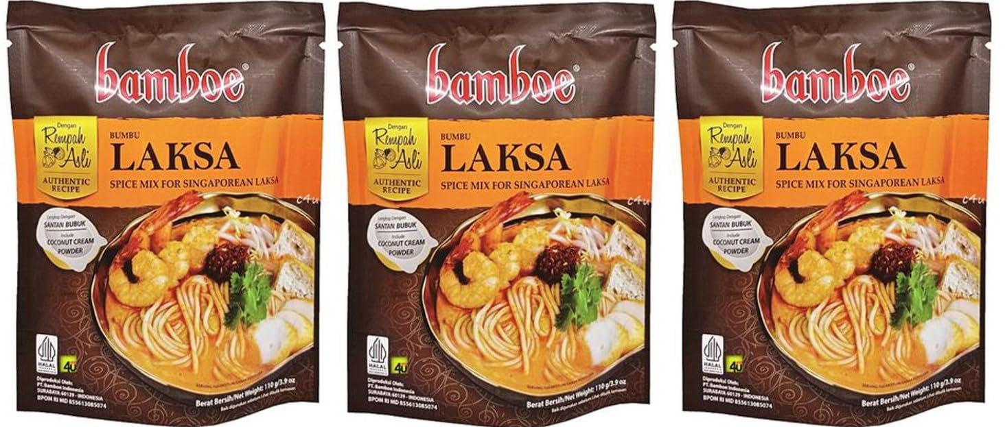 Bamboe Instant Seasoning Paste for Singapore Laksa - Bumbu Laksa - Coconut Powder Included 3.9oz (Pack of 3) - Product of Indonesia